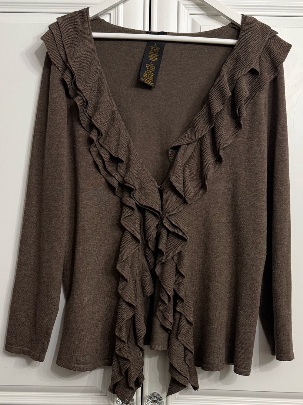 Grace Elements Brown Cascade Ruffle Front V-Neck Cardigan Sweater Size Large